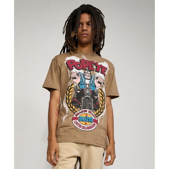 Reason Popeye T-Shirt Men’s L, XL Brutus Biker Khaki Tee - Picture 3 of 4